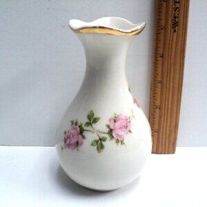 Parkway China Bud Vase Pink Roses with Green Foliage Gold Trim 5 1/2" High